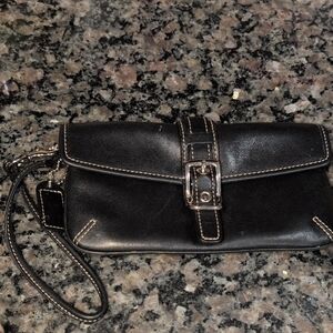 Vintage Black Leather Wristlet Clutch with Silver Buckle Detail